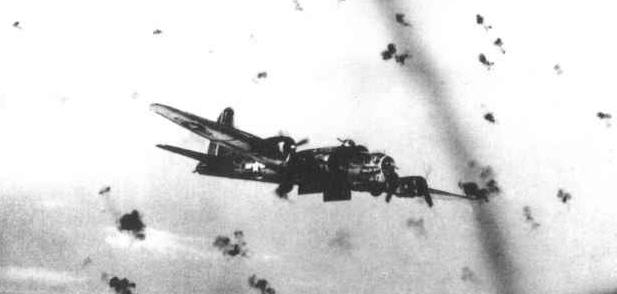 B-17 in flak, Willard Reese photo, www.reese-457th.org